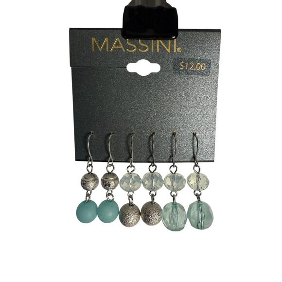 Massini Fashion Earrings Set of 3 Dangle Blue/Clear Jewel Silver Tone NWT - Picture 1 of 6